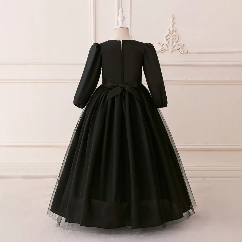 Girls Black Embroidered Maxi Dress With Puff Sleeves Casual Dresses