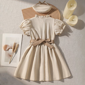 Girls Beige Embroidered Ruffle Neck Fit & Flare Dress Casual Dresses