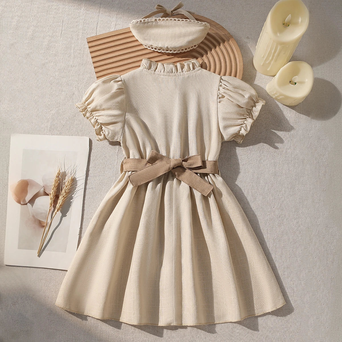 Girls Beige Embroidered Ruffle Neck Fit & Flare Dress Casual Dresses