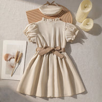 Girls Beige Embroidered Ruffle Neck Fit & Flare Dress Casual Dresses