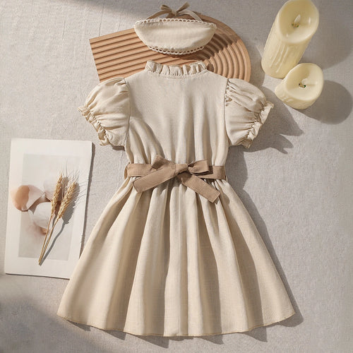 Girls Beige Embroidered Ruffle Neck Fit & Flare Dress Casual Dresses