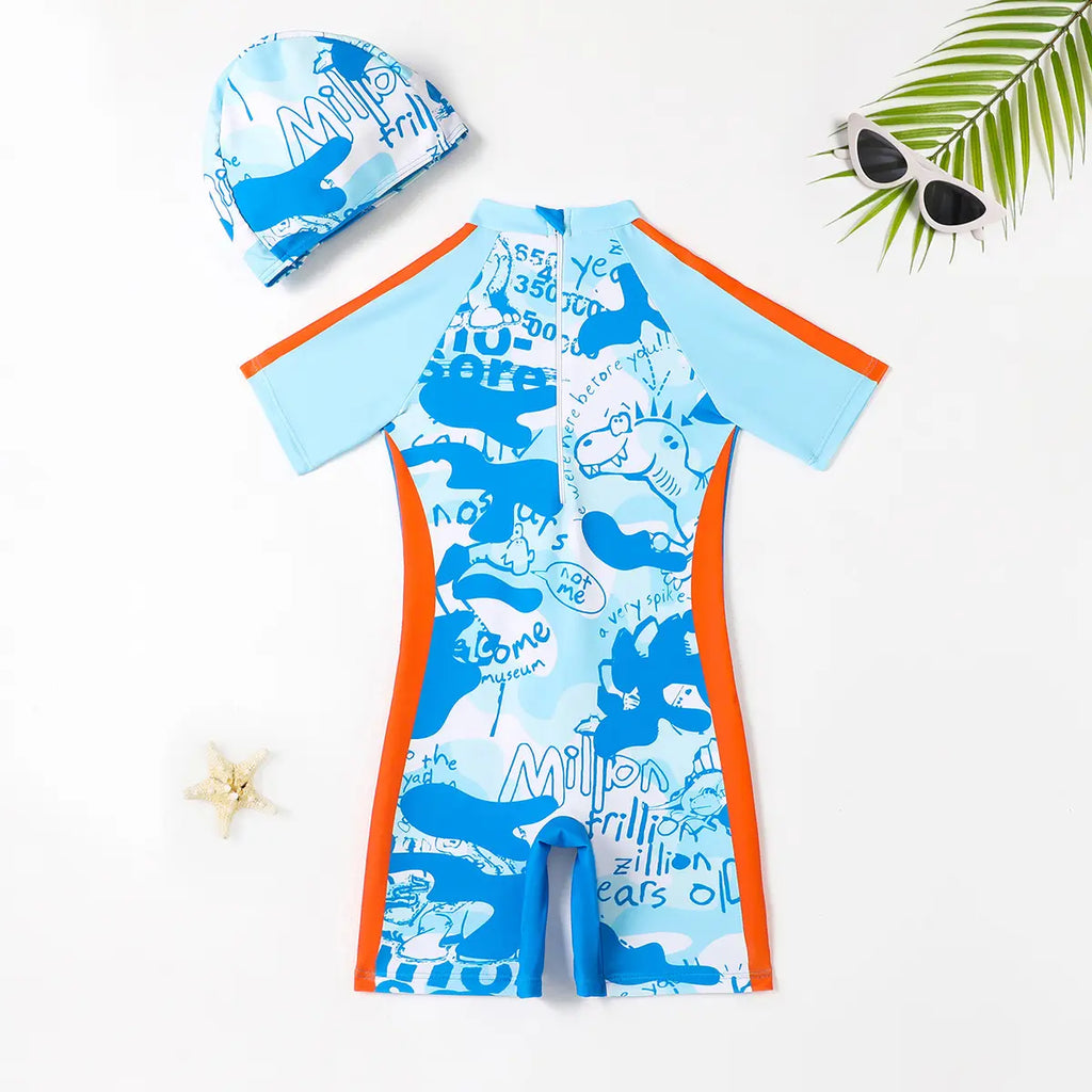 Boys Blue Graphics Short Sleeves Swimwear Bodysuit & Swim Cap Beachwear