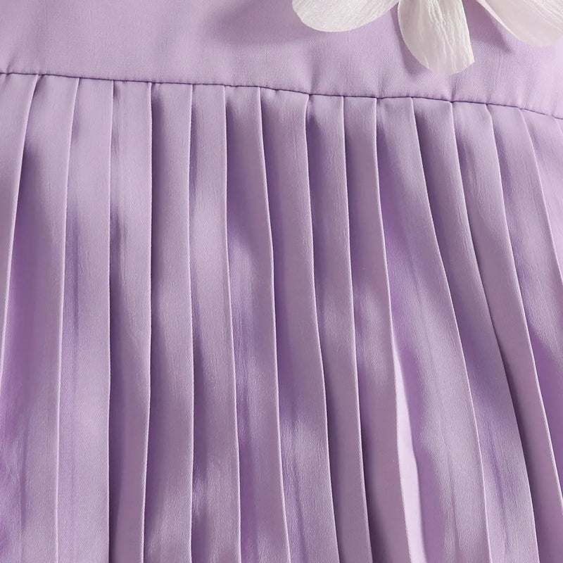 Girls Purple Flowers Applique A-line Dress With Pleated Hem Casual Dresses