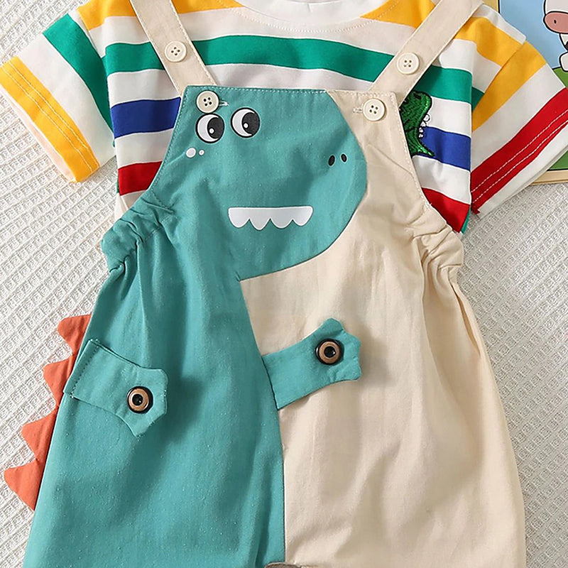 Boys Short Sleeve T-Shirt With Teal Green Dinosaur Applique Dungaree Sets 2 pc. Sets