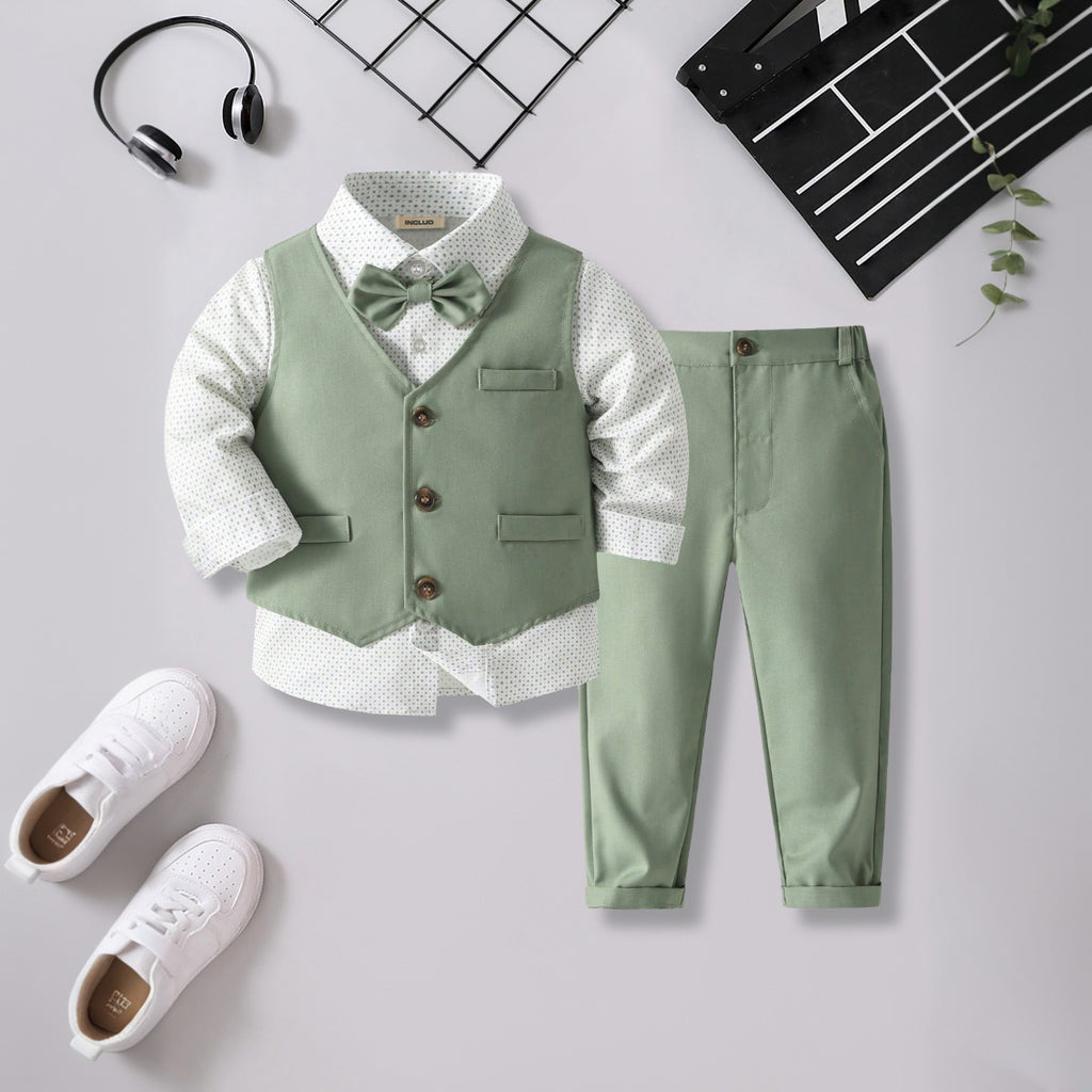 Boys Printed Long Sleeves Shirt With Green Waistcoat And Trouser Set 3 pc. Sets