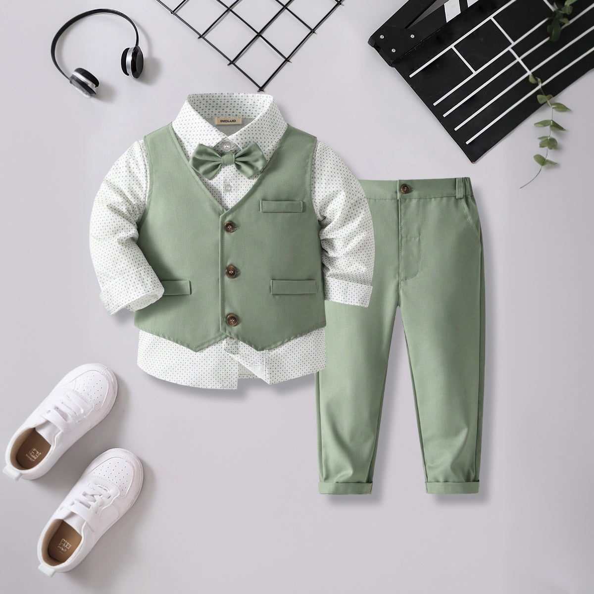 Boys Printed Long Sleeves Shirt With Green Waistcoat And Trouser Set 3 pc. Sets