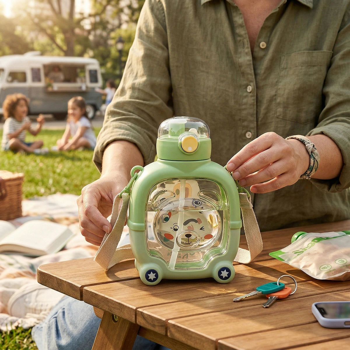 Kids Mint Green Bear Cartoon Straw Water Bottle Trending Accessories