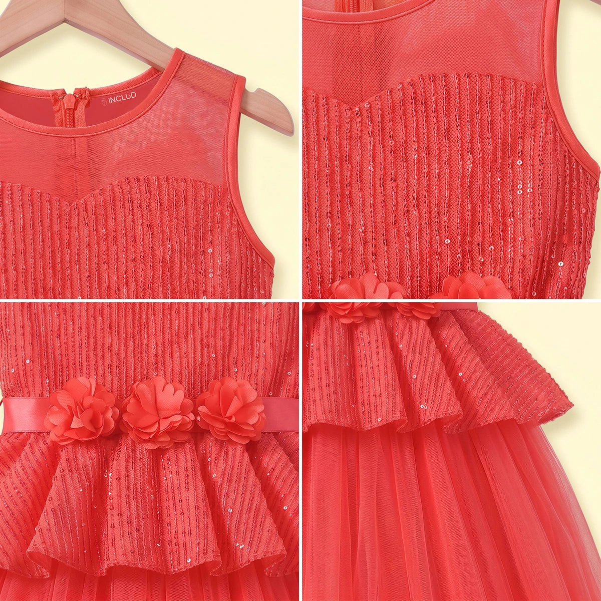 Girls Coral Sequins Embellished Sleeveless Fit & Flare Party Dress Party Dresses
