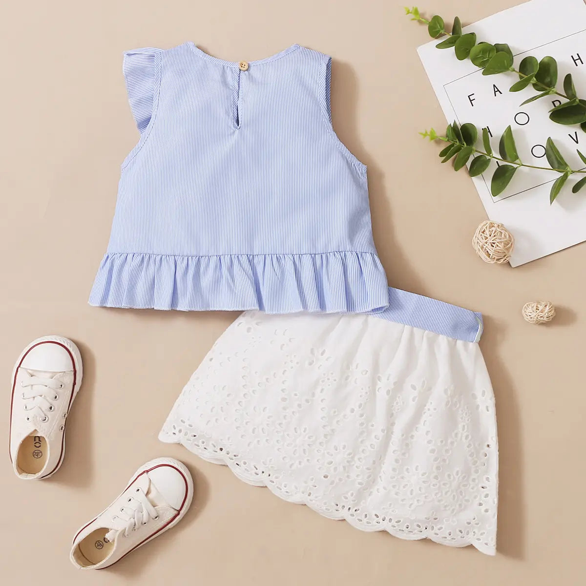Girls Light Blue Stripes Ruffled Top With Eyelet Hem Skirts Set Sets