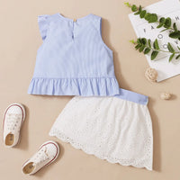 Girls Light Blue Stripes Ruffled Top With Eyelet Hem Skirts Set Sets