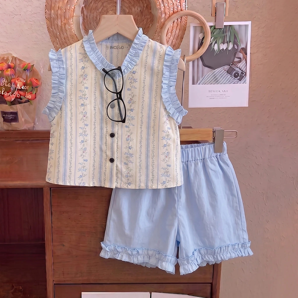 Girls Light Blue Floral Print Sleeveless Top With Elasticated Shorts Sets 2 pc. Sets Light Blue 1-2 Y