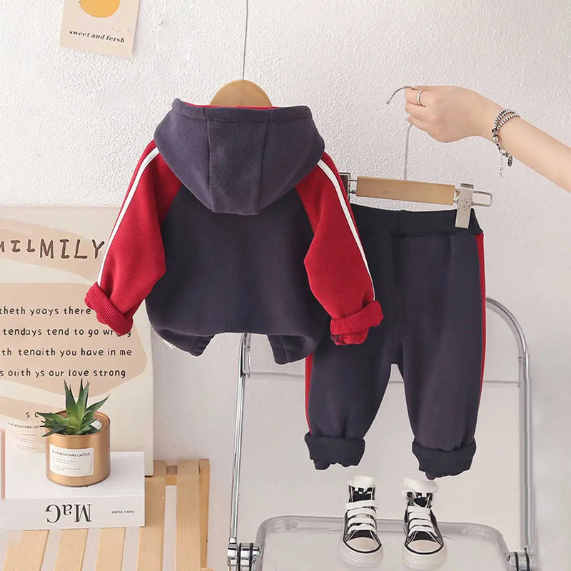 Boys Navy Blue Color-Blocked Fleece Hooded Zipper Jacket With Jogger Co-ord Sets Sets
