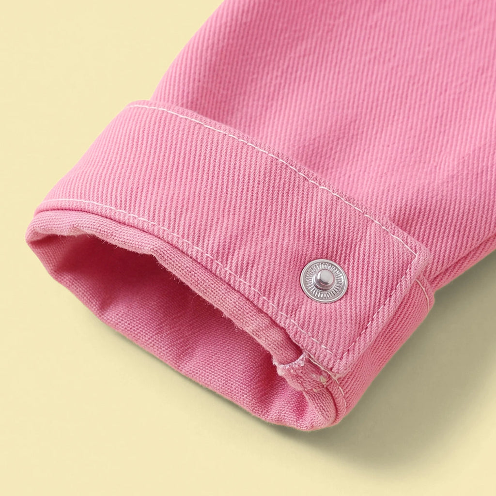 Girls Pink Long Sleeve Typography Denim Jacket Coats & Jackets