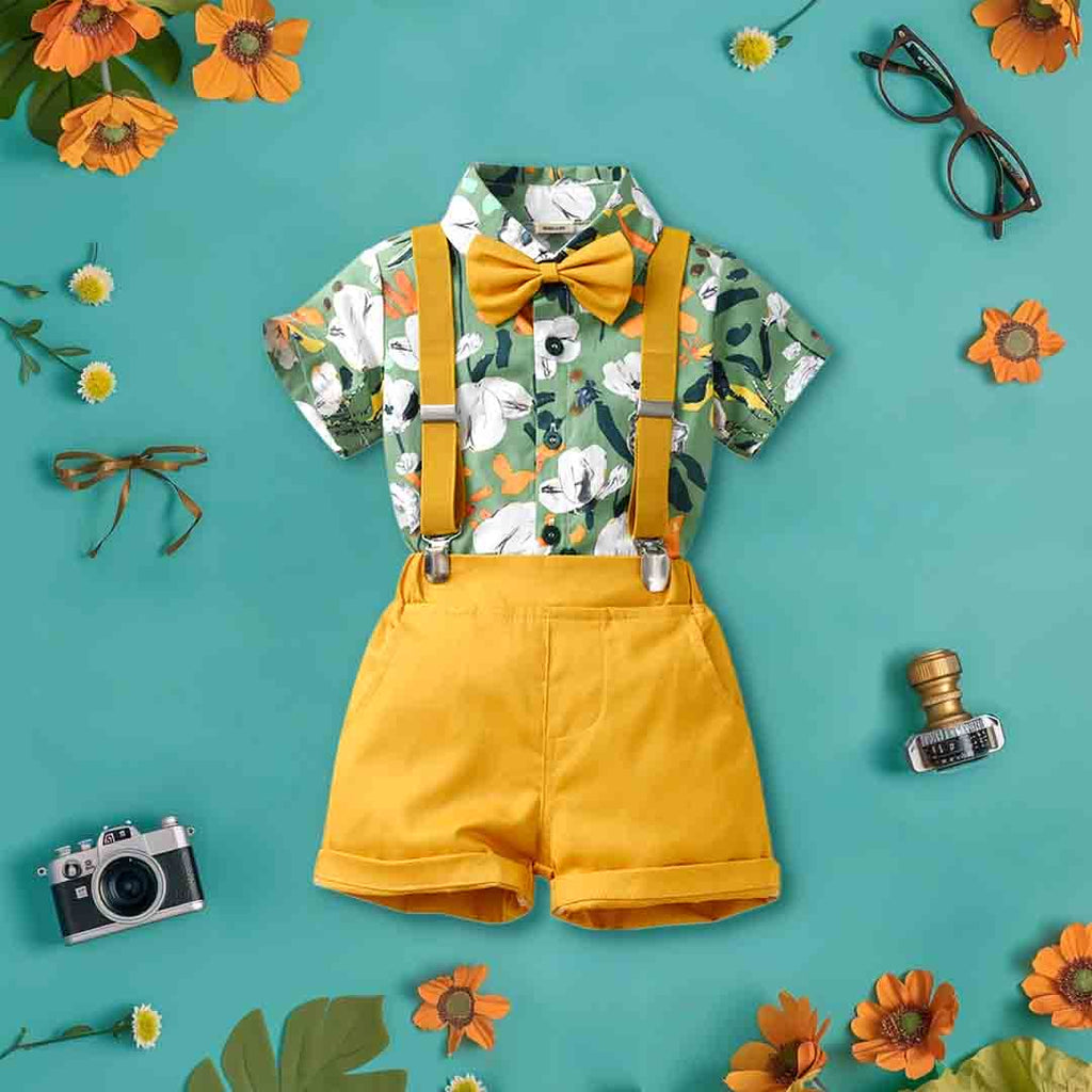 Boys Printed Shirt With Bow & Shorts Set