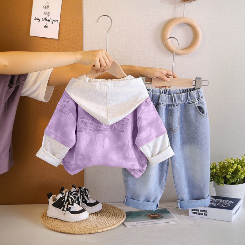 Boys Purple Abstract Printed Hooded Sweatshirt With Denim Trouser Sets 2 pc. Sets