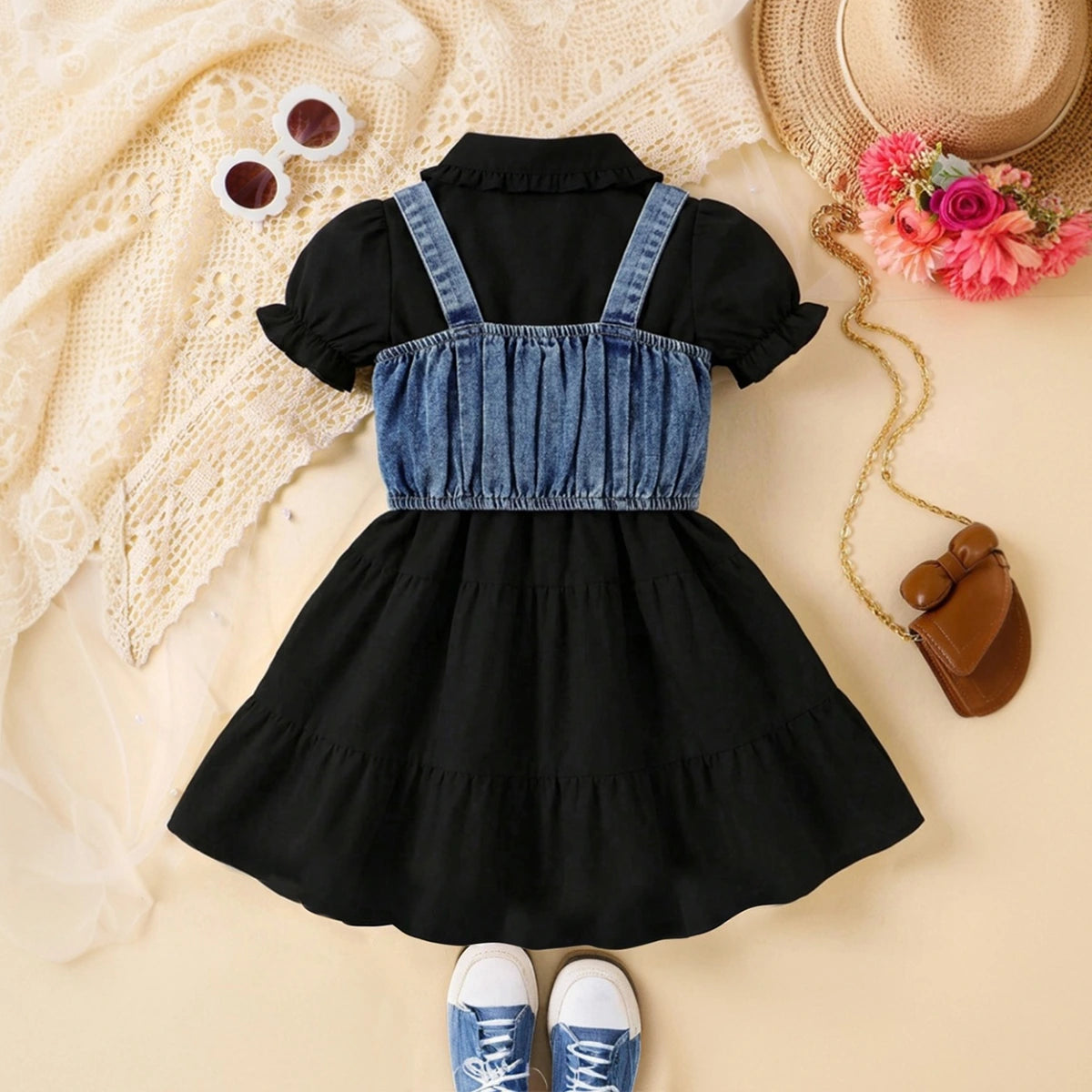 Girls Black Puff Sleeve Layered Dress With Denim Jacket Casual Dresses