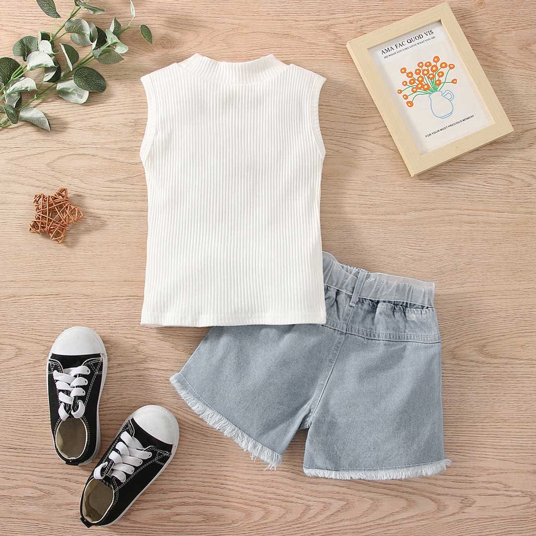 Girls Sleeveless Ribbed Knit Top With Beaded Denim Shorts Set Sets