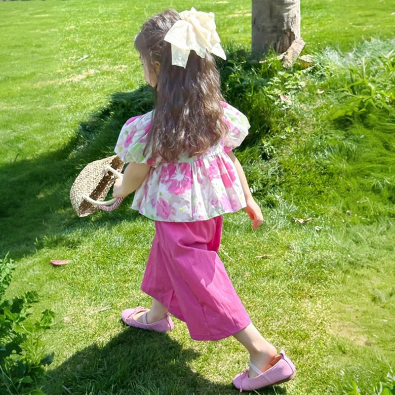 Girls Pink Floral Print Puff Sleeve Top With Pants Sets Sets
