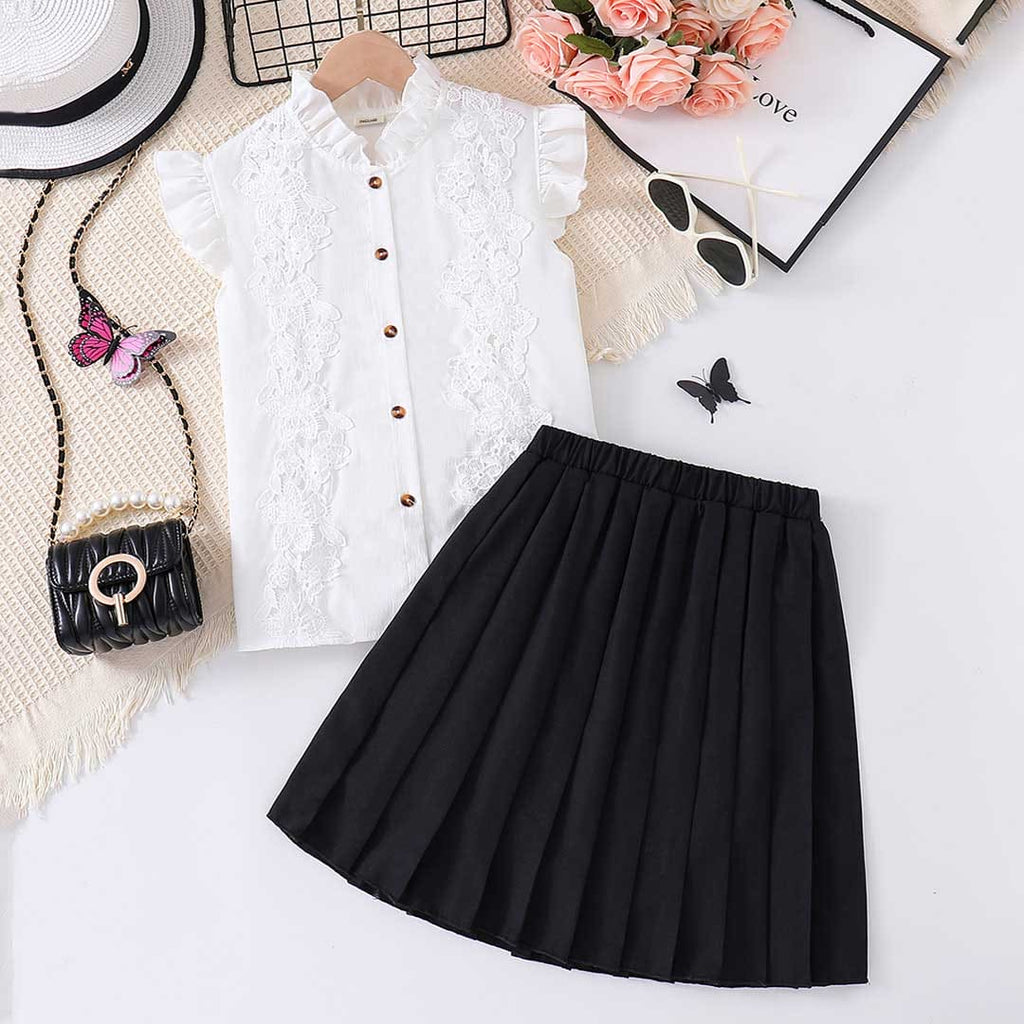 Girls Lace Shirt with Pleated Skirt Set