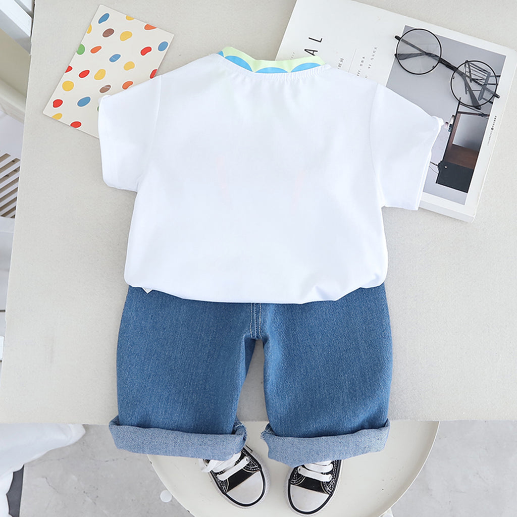 Boys White Graphic Patch Pocket Short Sleeves T-Shirt With Denim Pants Set 2 pc. Sets