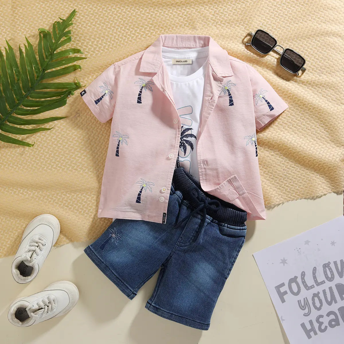Boys Lilac Tropical Embroidered Short Sleeve Shirt With T-Shirt And Shorts Set 3 pc. Sets Lilac 6-12 M