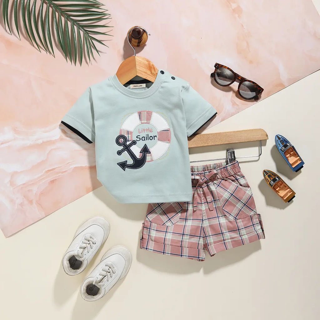 Boys Green Patch Embroidered T-Shirt With Checked Shorts Sets Sets Green 0-1 M