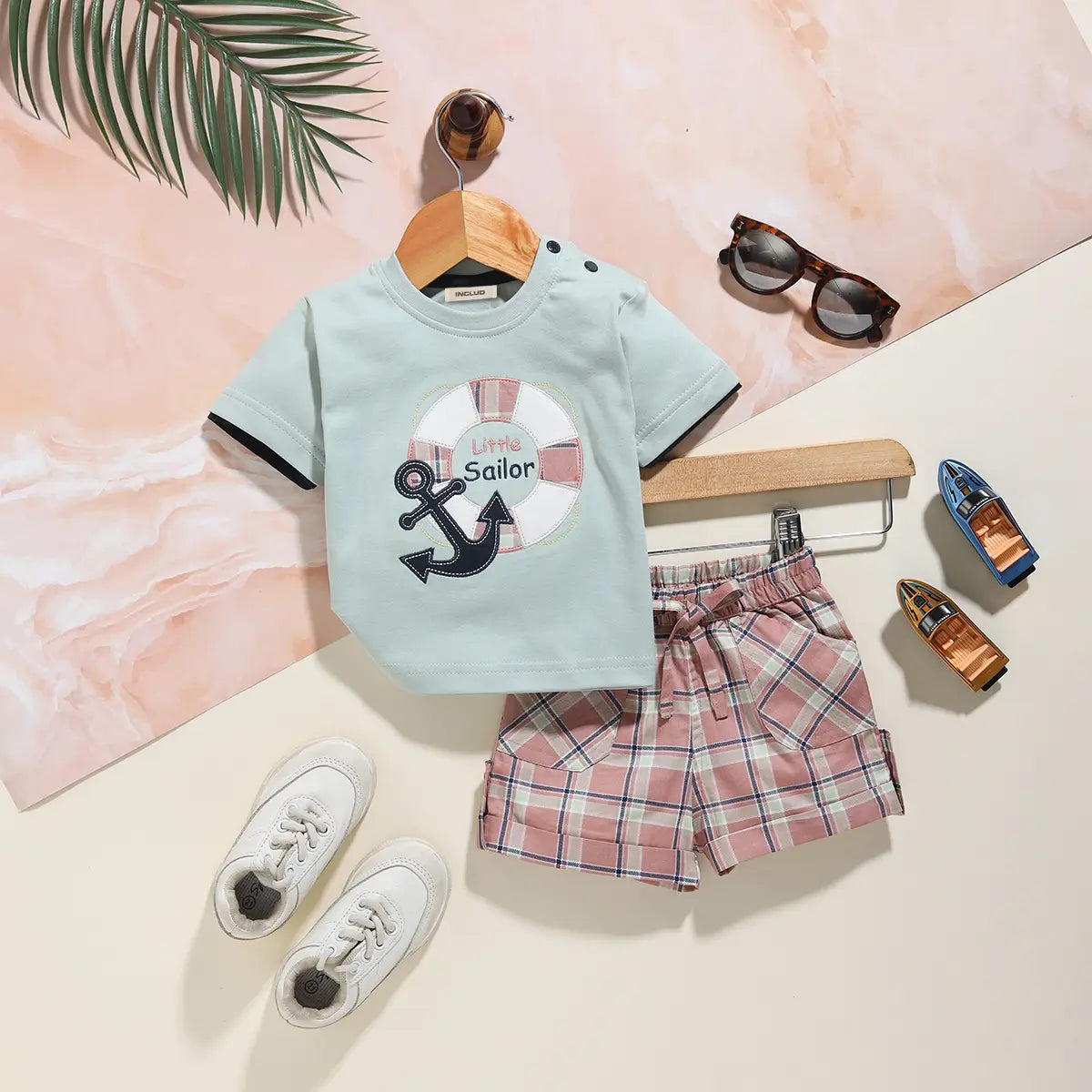 Boys Green Patch Embroidered T-Shirt With Checked Shorts Sets Sets Green 0-1 M