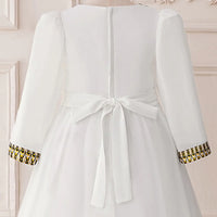 Girls White Long Sleeves Maxi Dress With Ethnic Motifs Trims Casual Dresses