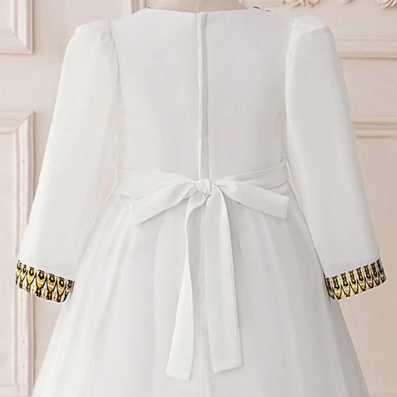 Girls White Long Sleeves Maxi Dress With Ethnic Motifs Trims Casual Dresses