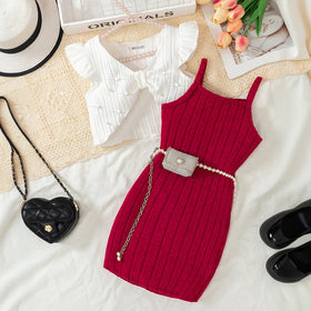 Girls Maroon Ribbed Sleeveless Bodycon Dress With Shrug Casual Dresses Maroon 3-4 Y