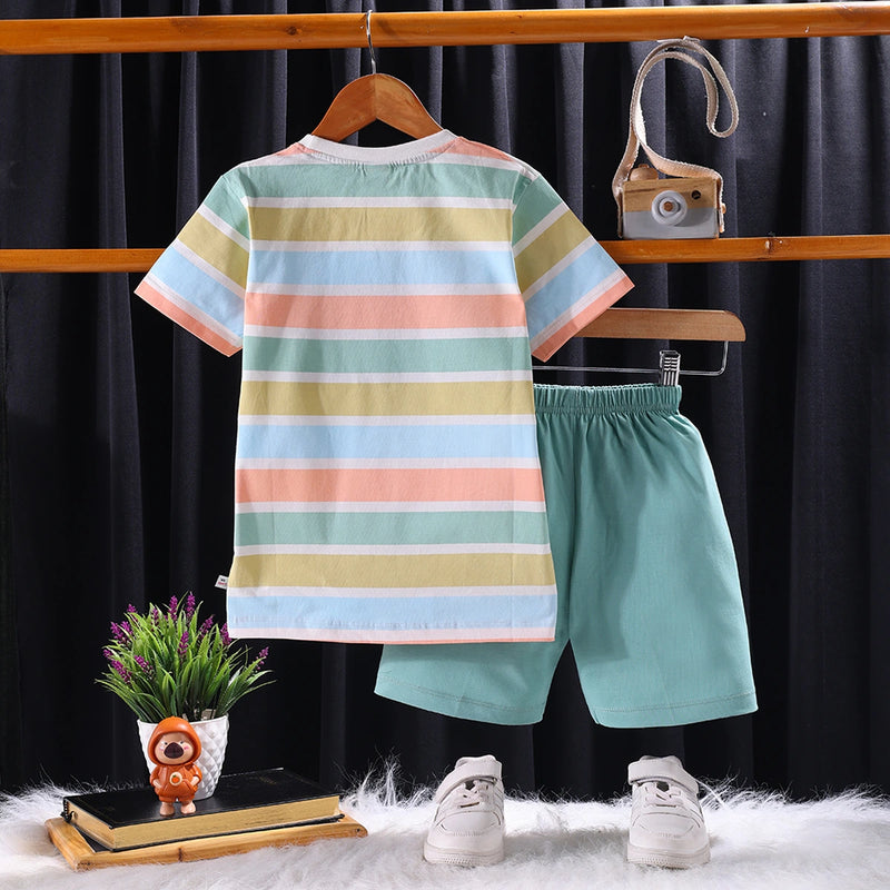 Boys Green Striped Hello Printed T-Shirt With Shorts Sets Sets