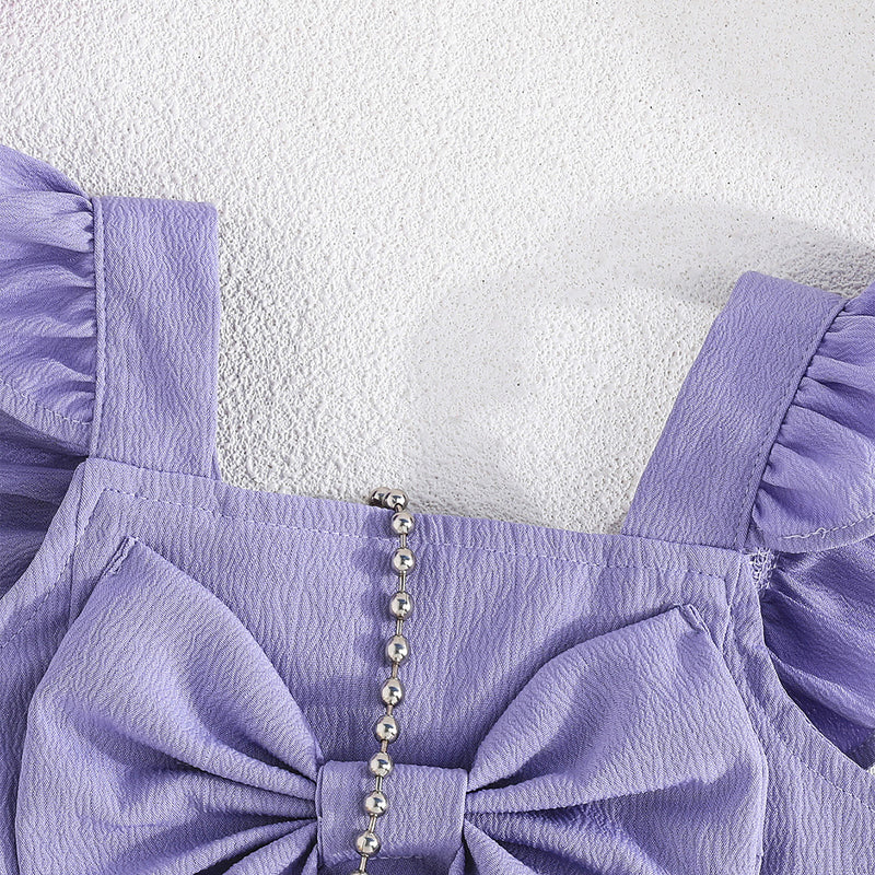 Girls Purple Sleeveless Top With Big Bow And Shorts Sets 2 pc. Sets