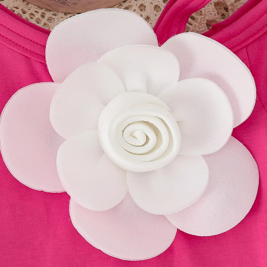 Girls Fuchsia 3D Flower Applique Top With Bow Applique Skirt Sets Sets