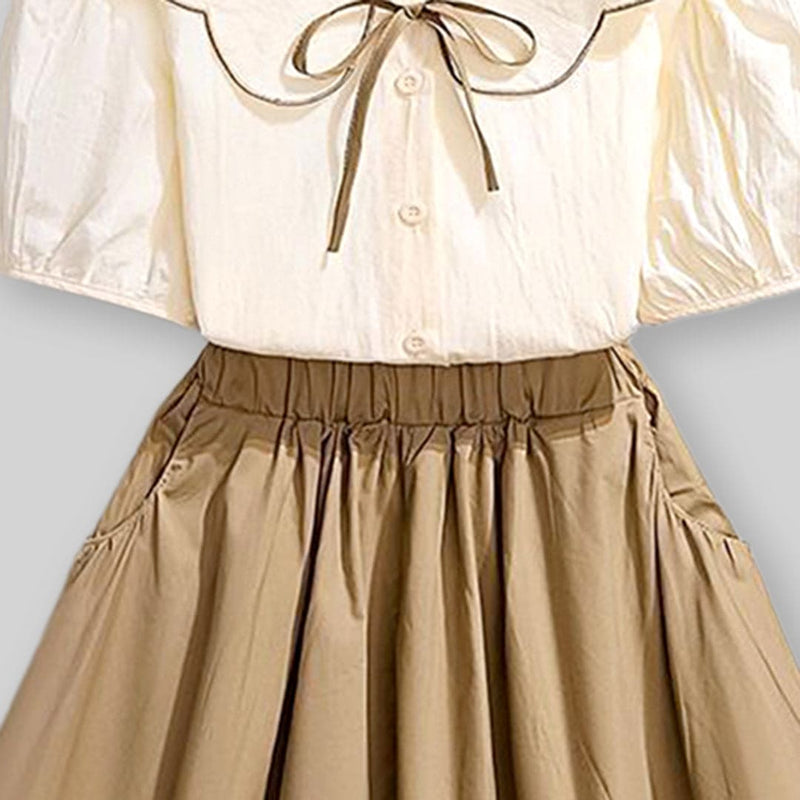 Girls Puff Sleeves Peter Pan Collar Top With Skirt Sets   