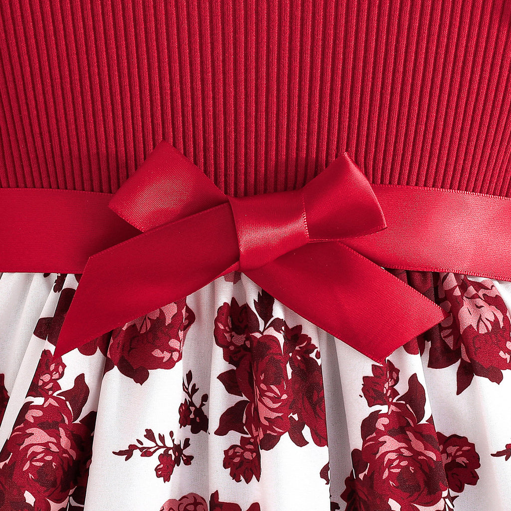 Girls Red Floral Print Flared Sleeve Fit & Flare Dress Casual Dresses