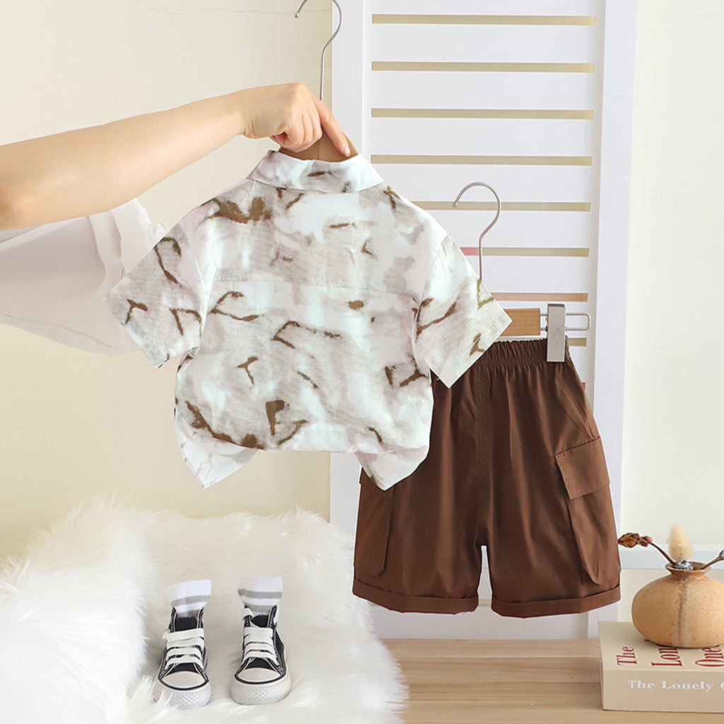 Boys Brown Abstract Printed Short Sleeves Shirt With T-Shirt And Cargo Shorts Set Sets