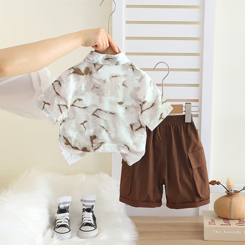 Boys Brown Abstract Printed Short Sleeves Shirt With T-Shirt And Cargo Shorts Set Sets