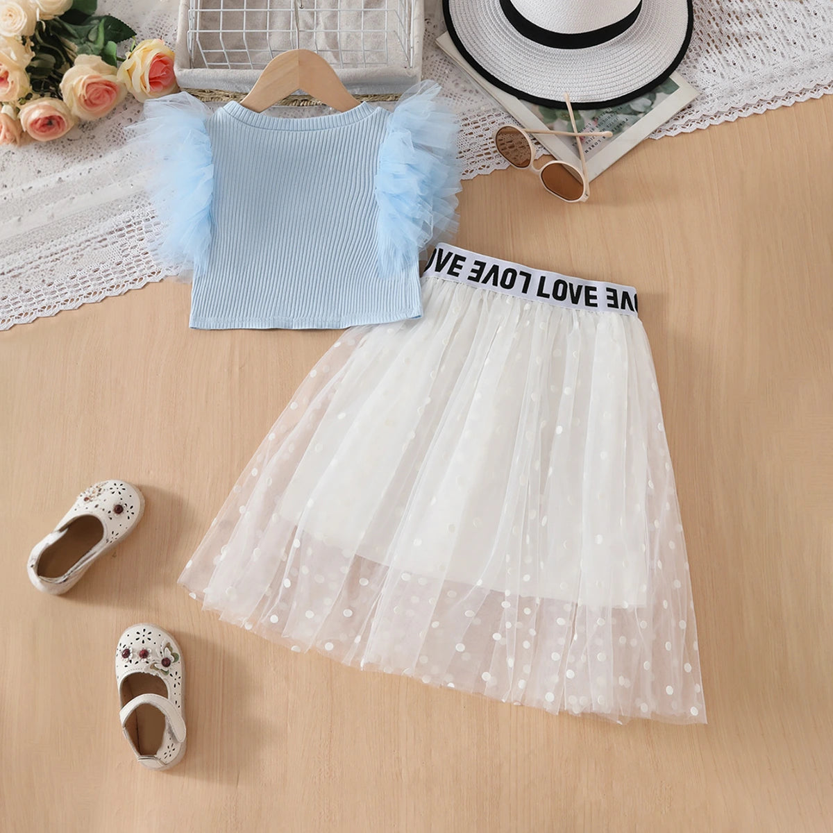Girls Sky Blue Crop Top With Polka Dot Printed Tulle Overlay Skirts Set Sets