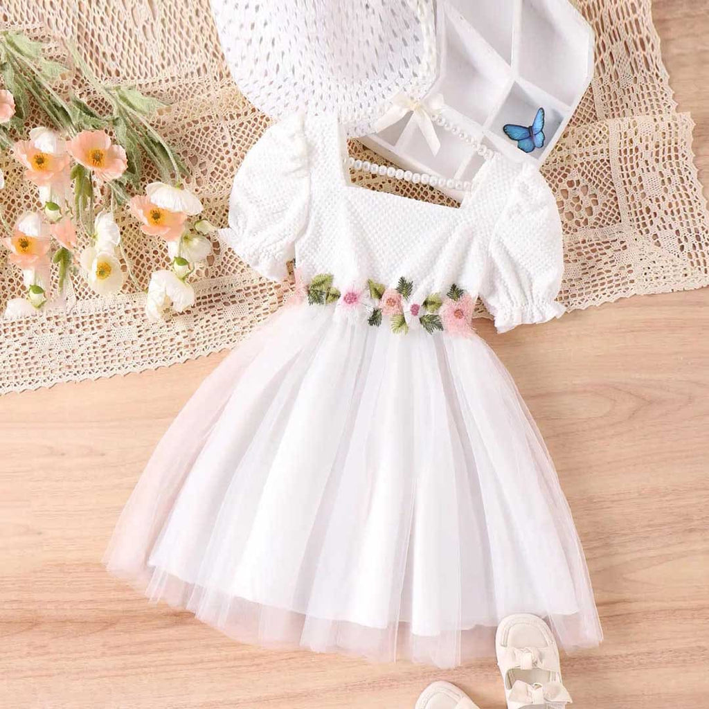 Girls Floral Embroidery Square Neck Fit & Flare Dress