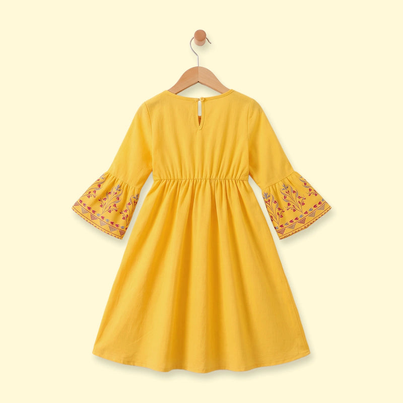 Girls Yellow Ethnic Motifs Print Fit & Flare Dress Casual Dresses