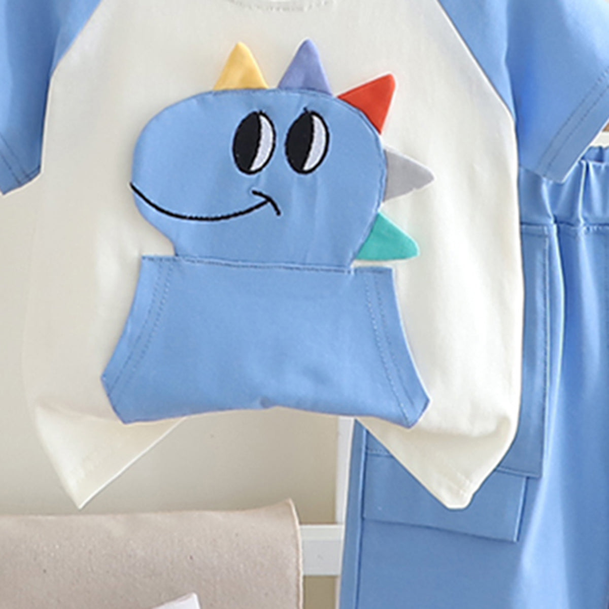 Boys Blue Dino Patchwork Raglan Sleeve T-shirt with Shorts Set Sets