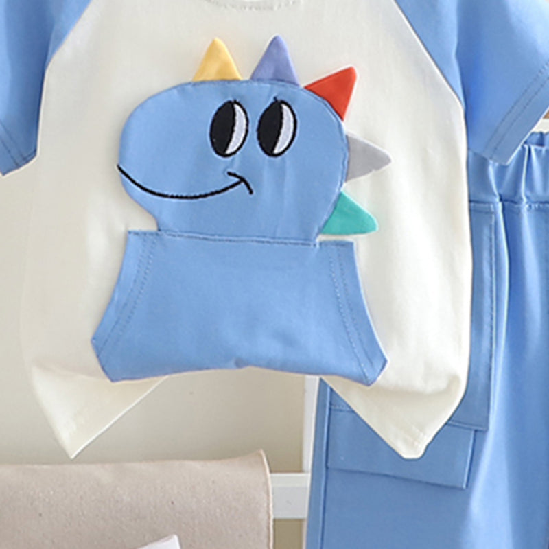 Boys Blue Dino Patchwork Raglan Sleeve T-shirt with Shorts Set Sets