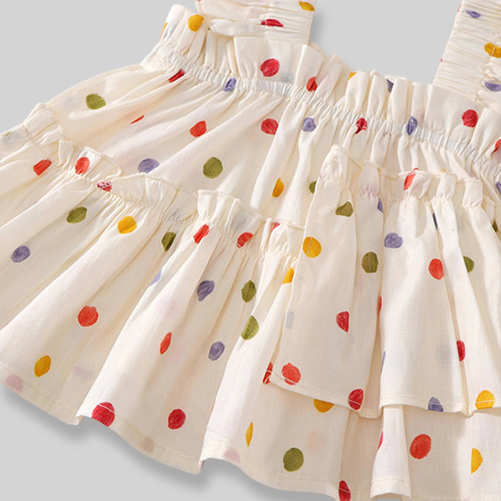 Girls Off-White Multicolour Polka Dot Printed Tiered Top With Pants Sets Sets