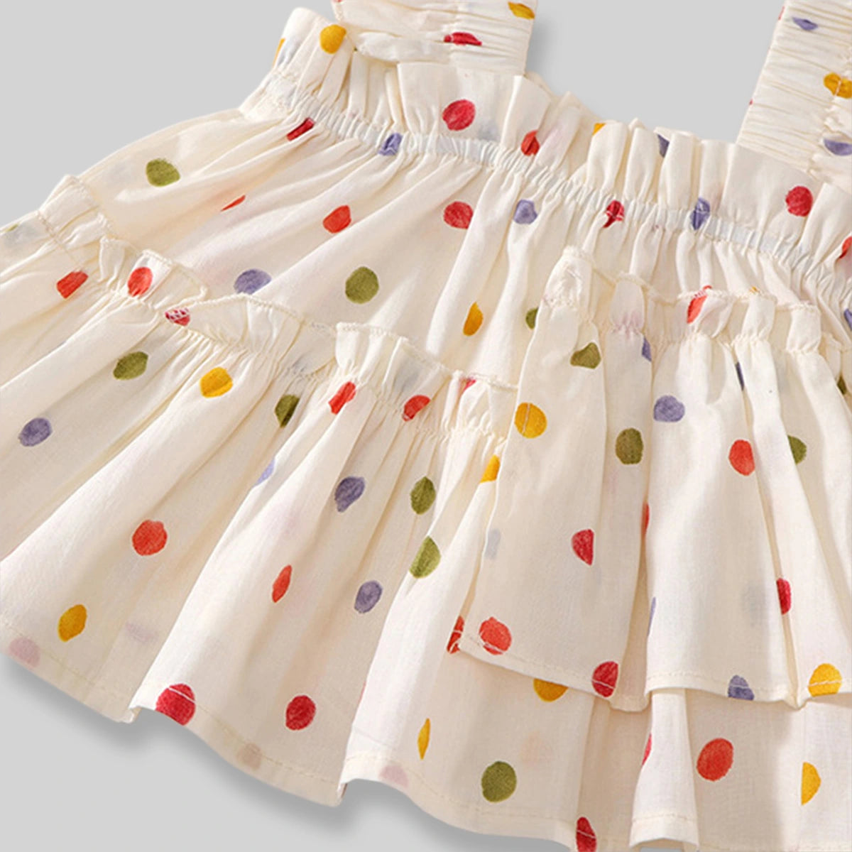 Girls Off-White Multicolour Polka Dot Printed Tiered Top With Pants Sets Sets