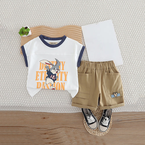 Boys White Graphic Extended Shoulder T-Shirt With Shorts Set 2 pc. Sets