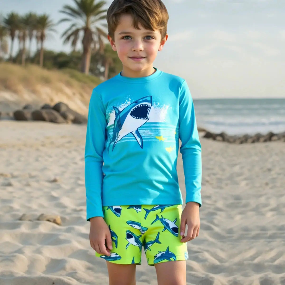 Boys Light Blue Shark Printed Long Sleeves T-Shirt & Shorts Swimsuit Sets Sets