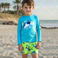 Boys Light Blue Shark Printed Long Sleeves T-Shirt & Shorts Swimsuit Sets Sets