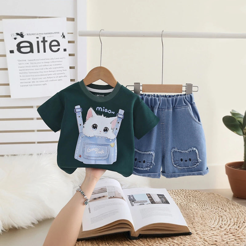 Girls Green Cat Motif Short Sleeve T-Shirt With Denim Shorts Sets 2 pc. Sets Green 1-2 Y