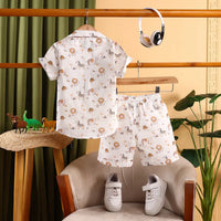Boys White Animal Printed Shirt With Printed T-Shirt and Shorts Sets Sets
