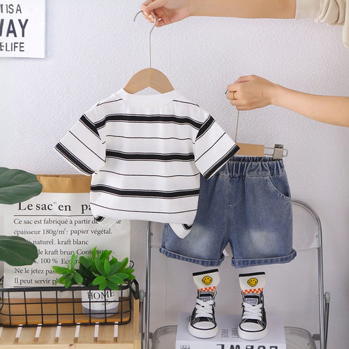 Boys White Stripes Short Sleeves T-Shirt With Denim Shorts Set Sets